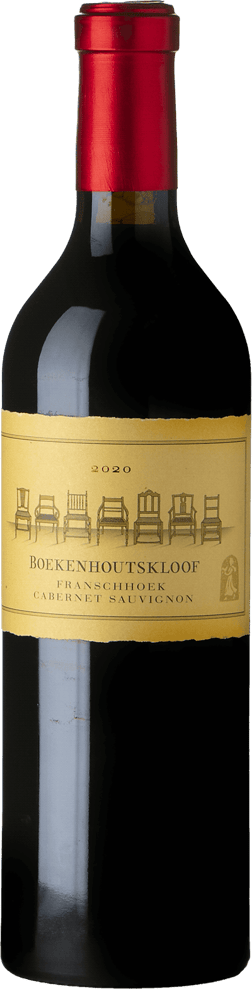 En glasflaska med Boekenhoutskloof Cabernet Sauvignon 2020, ett rött vin från Western Cape i Sydafrika