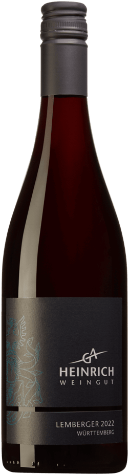 En glasflaska med Weingut G.A. Heinrich Lemberger trocken 2022, ett rött vin från Württemberg i Tyskland