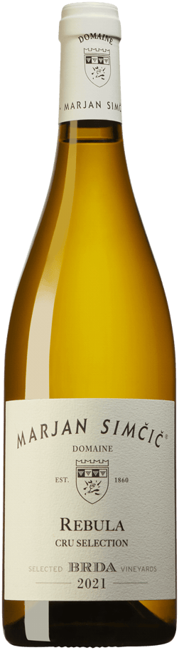 En glasflaska med Marjan Simcic Brda Cru Selection Rebula 2021, ett vitt vin från Primorski i Slovenien