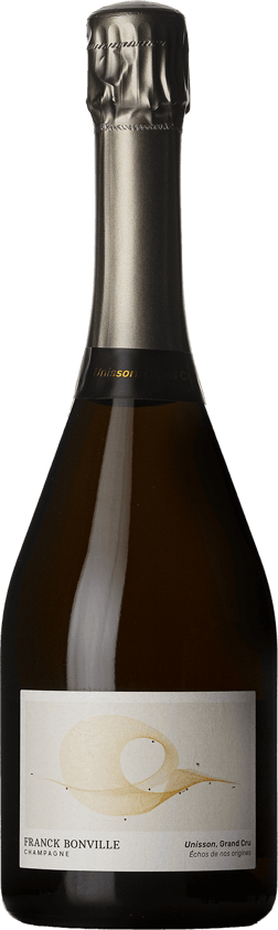 En glasflaska med Franck Bonville Unisson Grand Cru Blanc de Blancs, ett champagne från Champagne i Frankrike