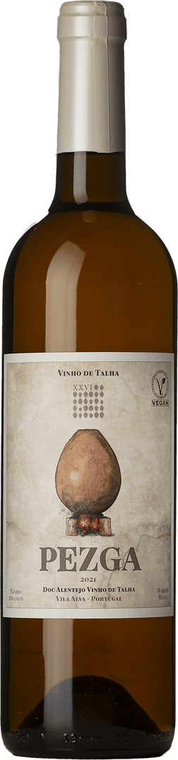 En glasflaska med Aconchego da Aldeia Pezga Branco 2021, ett vitt vin från Alentejo i Portugal