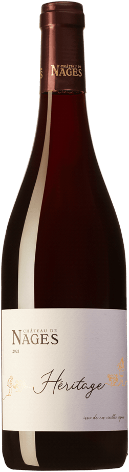 En glasflaska med Michel Gassier Château des Nages Vieilles Vignes 2021, ett rött vin från Rhonedalen i Frankrike