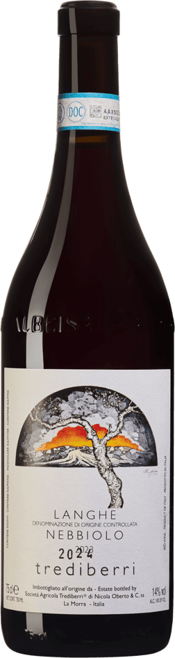 En glasflaska med Trediberri Langhe Nebbiolo 2024, ett rött vin från Piemonte i Italien