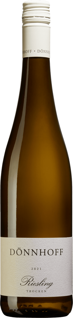 En glasflaska med Dönnhoff Riesling Trocken 2022, ett vitt vin från Nahe i Tyskland