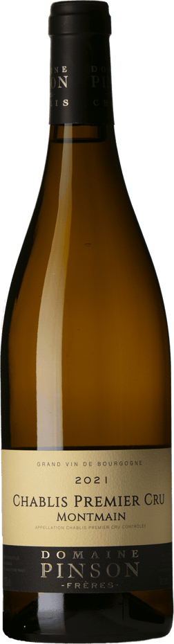 En glasflaska med Domaine Pinson Chablis 1er Cru Montmain 2021, ett vitt vin från Bourgogne i Frankrike