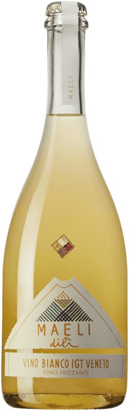 En glasflaska med Maeli Dili, ett vitt vin från Venetien i Italien