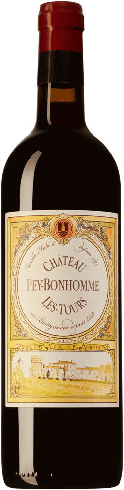En glasflaska med Vignobles Bossuet-Hubert Château Peybonhomme-les-Tours 2021, ett rött vin från Bordeaux i Frankrike