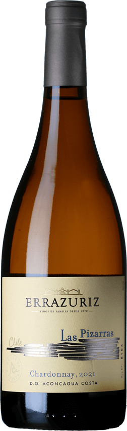En glasflaska med Errazuriz Las Pizarras Chardonnay 2021, ett vitt vin från Aconcagua i Chile
