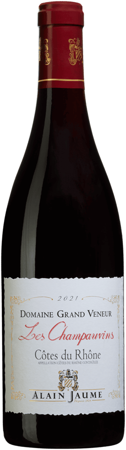 En flaska med Alain Jaume Domaine Grand Veneur Les Champauvins 2021, ett rött vin från Rhonedalen i Frankrike
