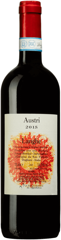 En glasflaska med San Fereolo Austri 2015, ett rött vin från Piemonte i Italien