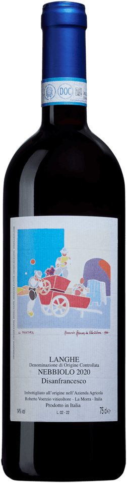 En glasflaska med Roberto Voerzio Disanfrancesco Langhe Nebbiolo 2020, ett rött vin från Spanien