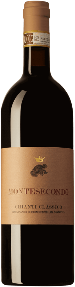 En glasflaska med Montesecondo Chianti Classico 2021, ett rött vin från Toscana i Italien
