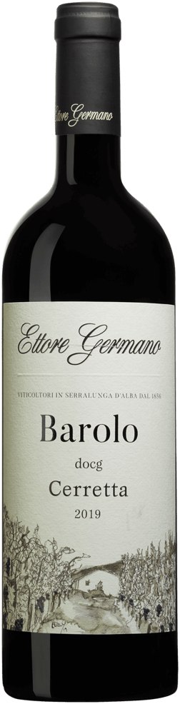 En glasflaska med Ettore Germano Barolo Cerretta 2019, ett rött vin från Piemonte i Italien