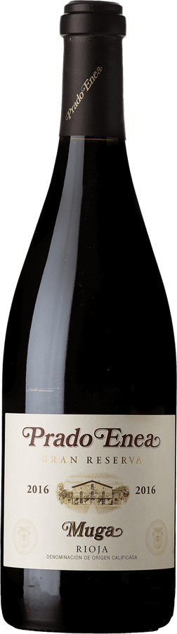 En glasflaska med Bodegas Muga Prado Enea 2016, ett rött vin från Rioja i Spanien