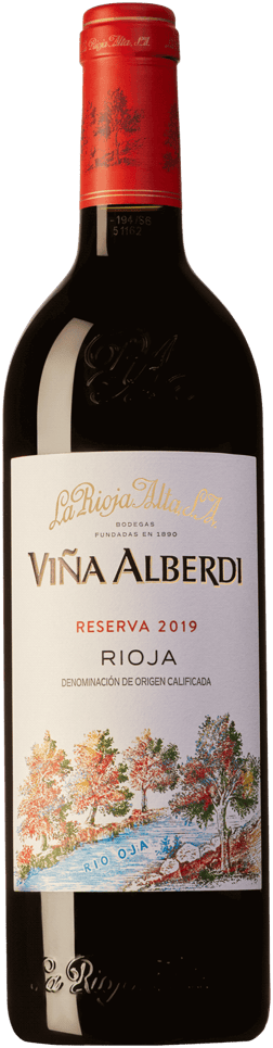 En glasflaska med Viña Alberdi Reserva 2019, ett rött vin från Rioja i Spanien