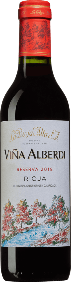 En glasflaska med Viña Alberdi Reserva 2019, ett rött vin från Rioja i Spanien
