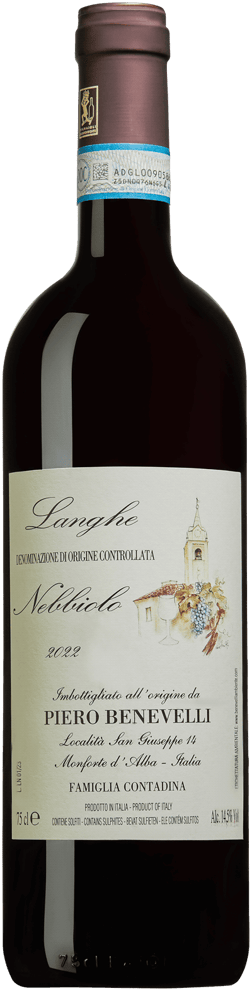 En glasflaska med Piero Benevelli Langhe Nebbiolo 2022, ett rött vin från Piemonte i Italien