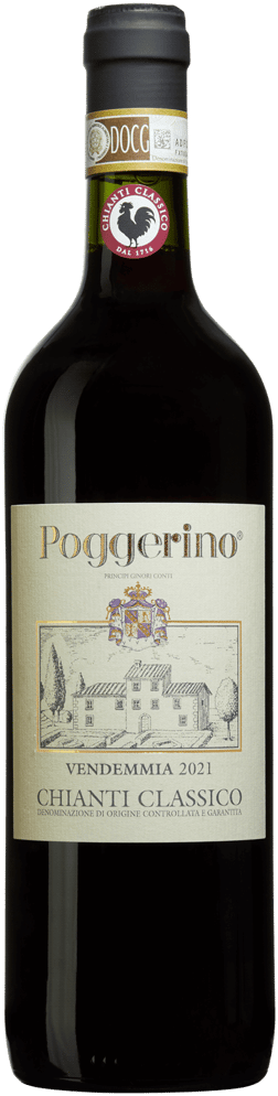 En glasflaska med Fattoria Poggerino Chianti Classico 2021, ett rött vin från Toscana i Italien