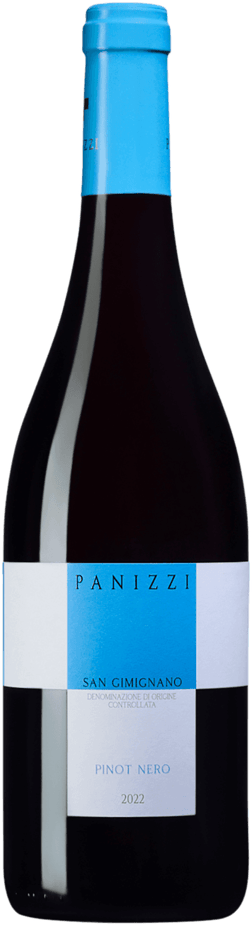 En glasflaska med Panizzi Pinot nero 2022, ett rött vin från Toscana i Italien