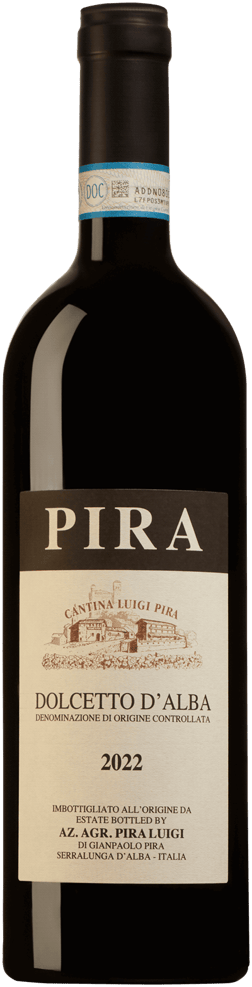 En glasflaska med Luigi Pira Dolcetto d'Alba 2022, ett rött vin från Piemonte i Italien