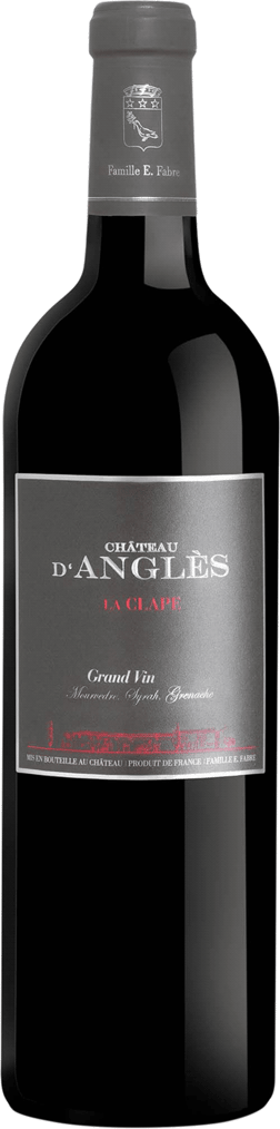 En glasflaska med Château d'Anglès Grand Vin 2021, ett rött vin från Languedoc-Roussillon i Frankrike
