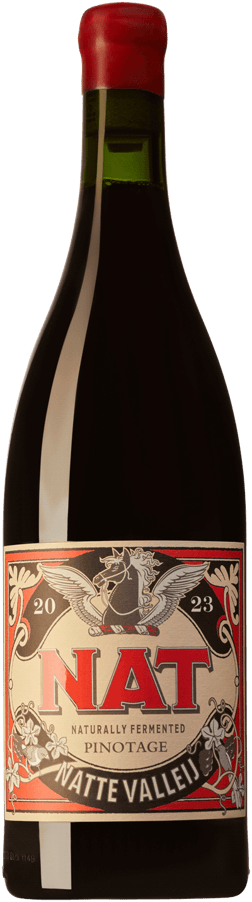 En glasflaska med Natte Valleij Nat Pinotage 2023, ett rött vin från Western Cape i Sydafrika