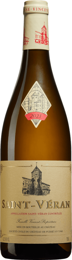En glasflaska med Château Fuissé Saint-Véran 2022, ett vitt vin från Bourgogne i Frankrike