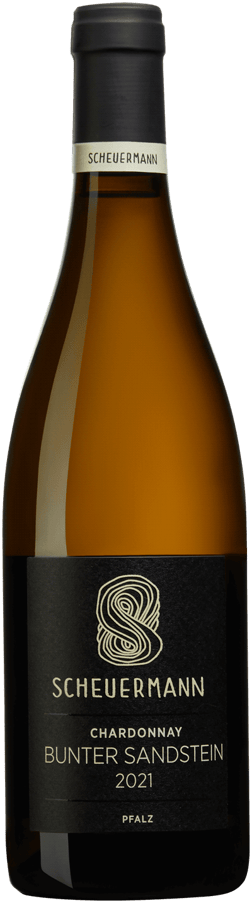 En glasflaska med Scheuermann Bunter Sandstein 2021, ett vitt vin från Pfalz i Tyskland