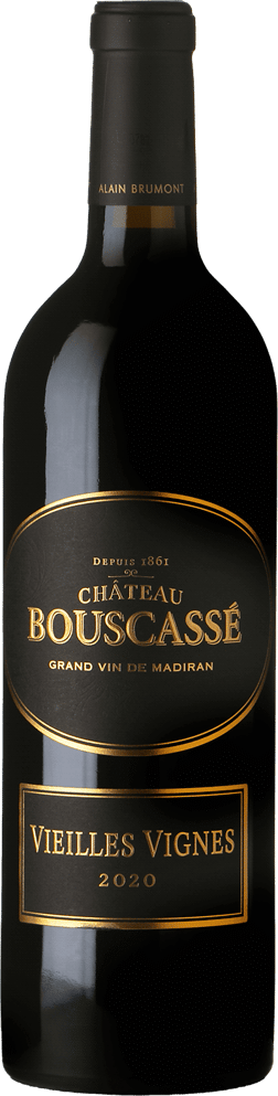 En glasflaska med Alain Brumont Château Bouscassé Vieilles Vignes 2020, ett rött vin från Frankrike sydväst i Frankrike