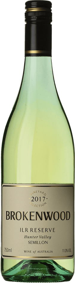 En glasflaska med Brokenwood Wines ILR Reserve Semillon 2017, ett vitt vin från New South Wales i Australien