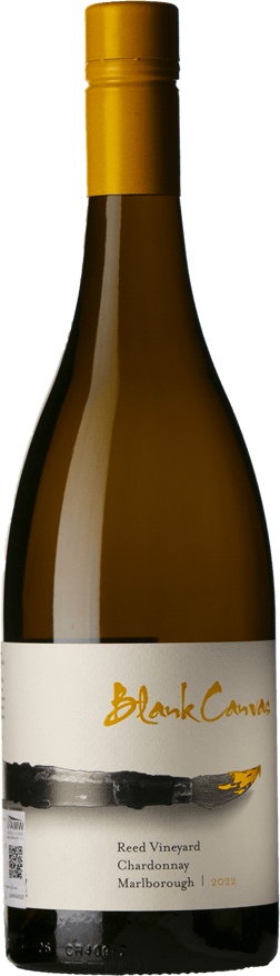 En glasflaska med Blank Canvas Reed Vineyard Chardonnay 2022, ett vitt vin från Marlborough i Nya Zeeland