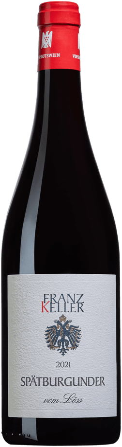 En glasflaska med Franz Keller Spätburgunder Vom Löss 2021, ett rött vin från Baden i Tyskland