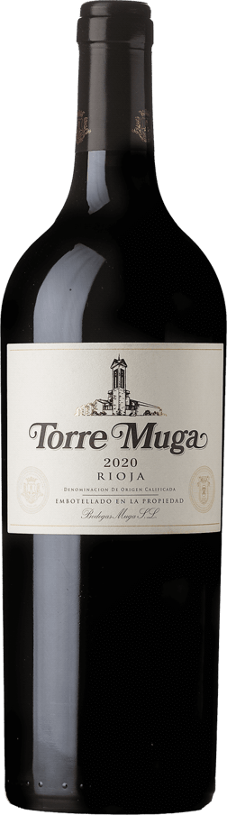 En glasflaska med Bodegas Muga Torre Muga 2020, ett rött vin från Rioja i Spanien