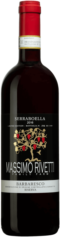 En glasflaska med Massimo Rivetti Barbaresco Riserva Serraboella 2016, ett rött vin från Piemonte i Italien