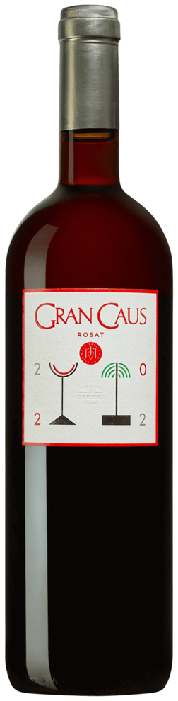 En glasflaska med Gran Caus Rosat 2022, ett rosévin från Katalonien i Spanien