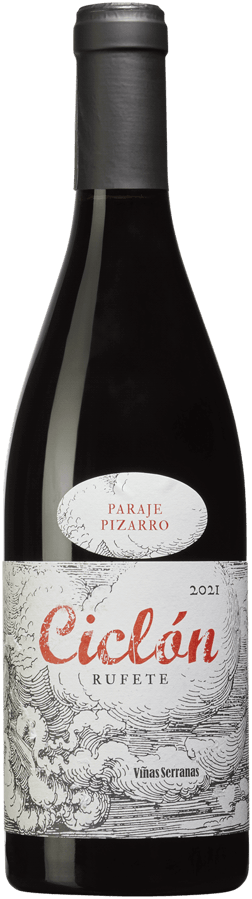 En glasflaska med Ciclón Paraje Pizarro 2021, ett rött vin från Kastilien-León i Spanien