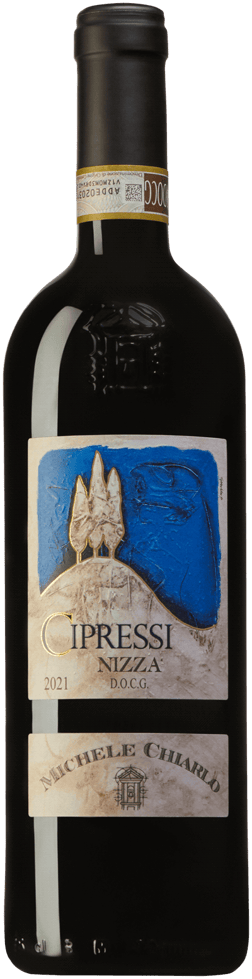 En glasflaska med Michele Chiarlo I Cipressi Nizza 2021, ett rött vin från Piemonte i Italien