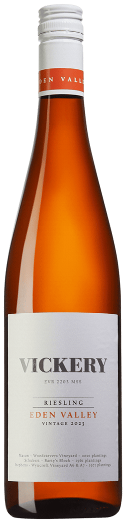 En glasflaska med Vickery Eden Valley Riesling 2023, ett vitt vin från South Australia i Australien
