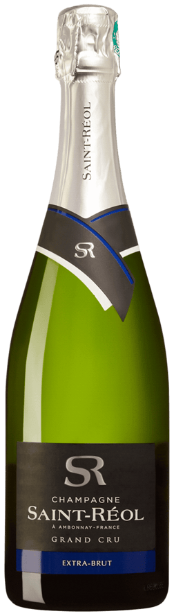 En glasflaska med Champagne Saint-Réol Grand Cru Extra Brut, ett champagne från Champagne i Frankrike