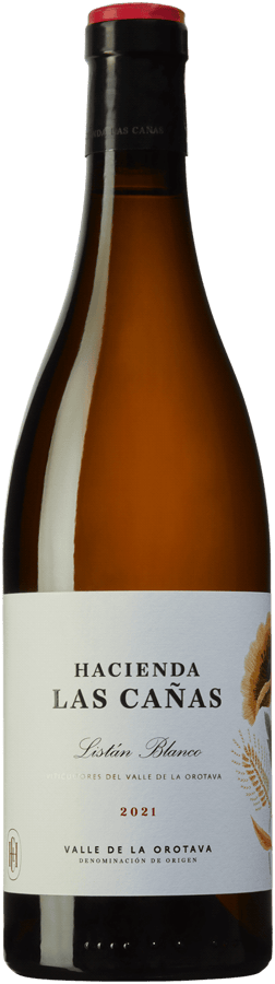 En glasflaska med Hacienda Las Cañas Blanco 2021, ett vitt vin från Kanarieöarna i Spanien