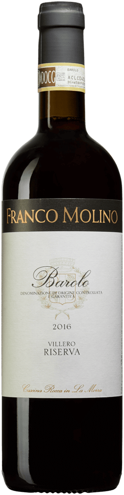 En glasflaska med Franco Molino Barolo Villero Riserva 2016, ett rött vin från Piemonte i Italien