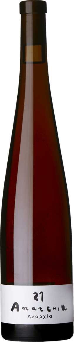 En glasflaska med Val di Sole Anarchia 2021, ett vitt vin från Italien