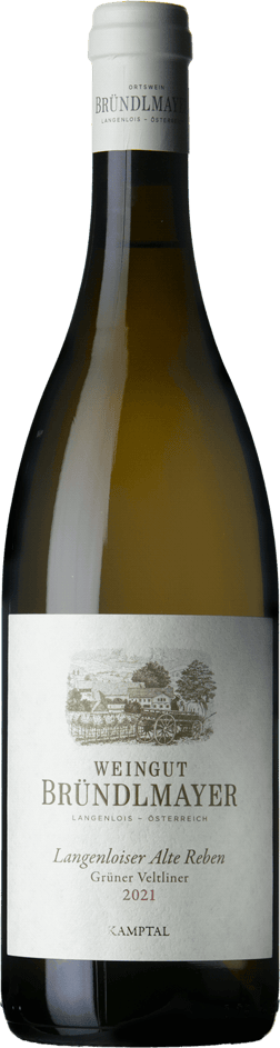 En glasflaska med Bründlmayer Grüner Veltliner Alte Reben 2021, ett vitt vin från Niederösterreich i Österrike