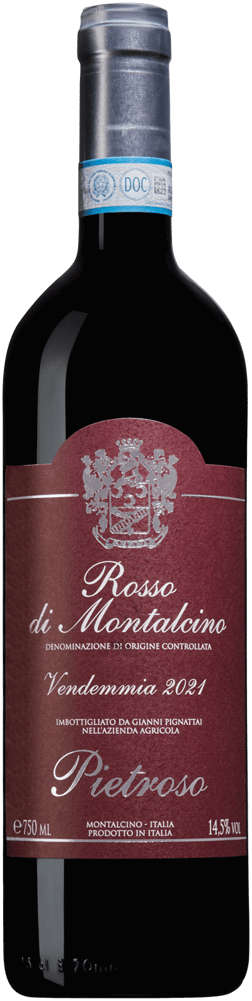 En glasflaska med Pietroso Rosso di Montalcino 2021, ett rött vin från Toscana i Italien