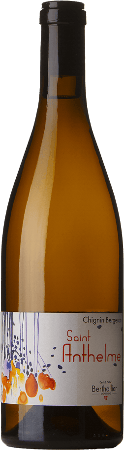 En glasflaska med Berthollier Chignin Bergeron Saint Anthelme 2020, ett vitt vin från Savoie i Frankrike
