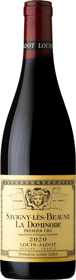 En glasflaska med Louis Jadot Savigny-les Beaune Premier Cru La Dominode 2020, ett rött vin från Bourgogne i Frankrike