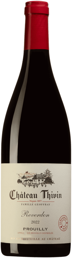 En flaska med Château Thivin Brouilly Reverdon 2022, ett rött vin från Bourgogne i Frankrike