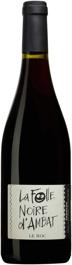 En glasflaska med Le Roc La Folle Noire d'Ambat 2021, ett rött vin från Frankrike sydväst i Frankrike