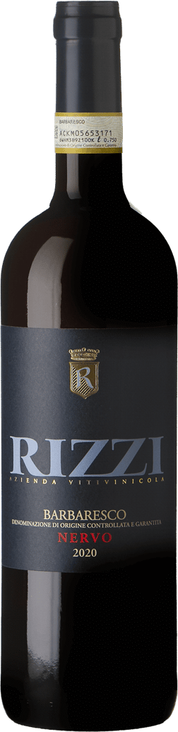 En glasflaska med Rizzi Barbaresco Nervo 2020, ett rött vin från Piemonte i Italien