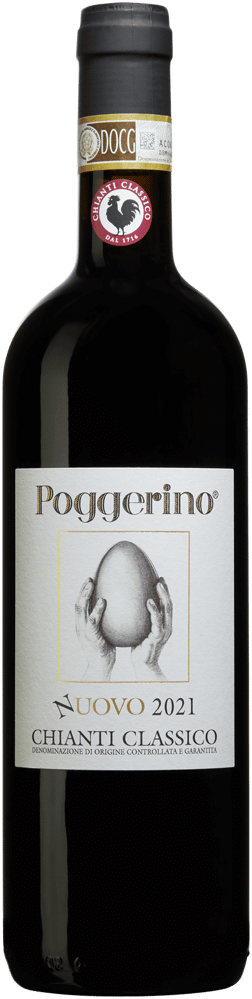 En glasflaska med Fattoria Poggerino Chianti Classico Nuovo 2021, ett rött vin från Toscana i Italien
